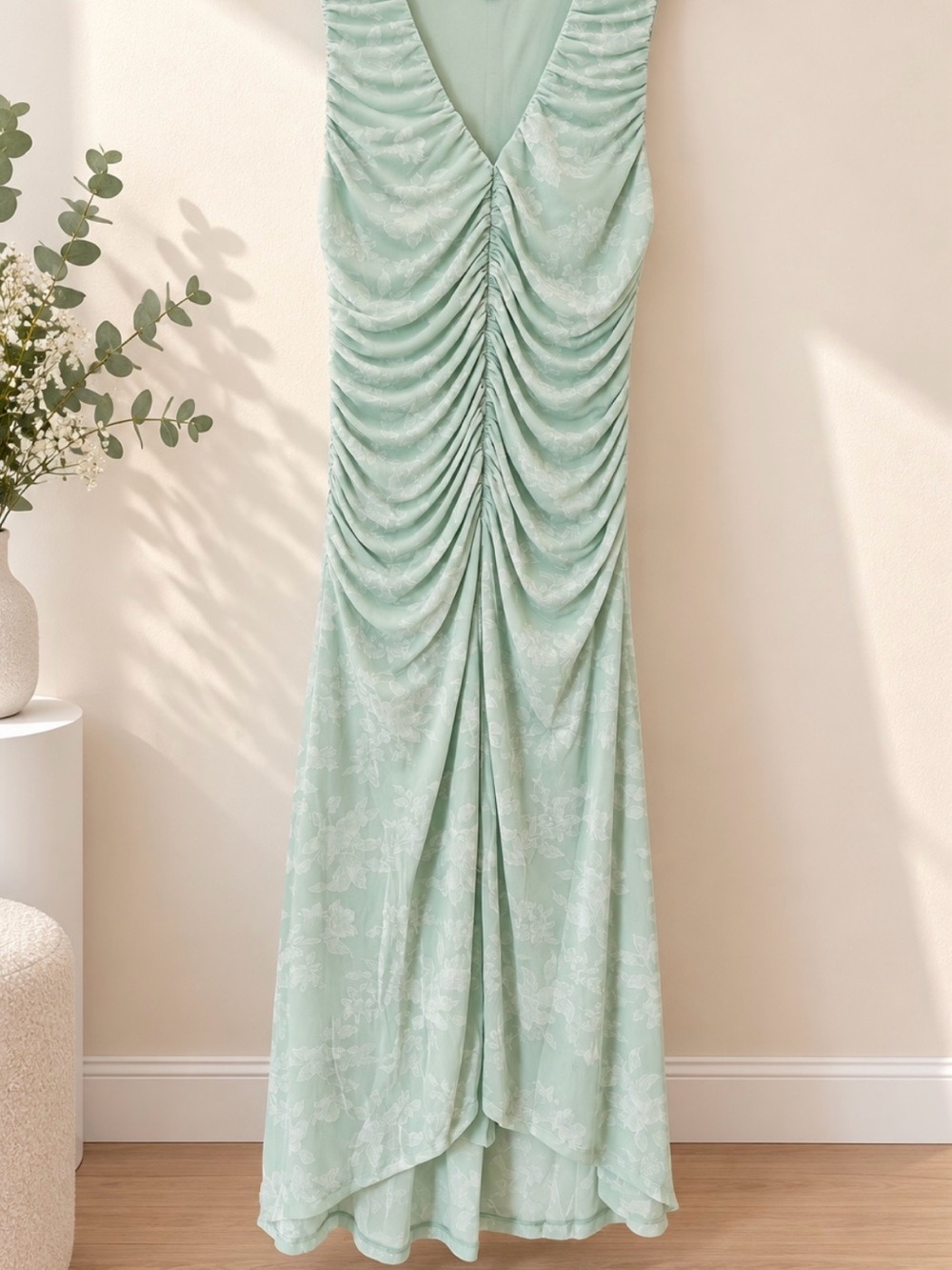 SHEIN Sage Green Ruched V-Neck Maxi Dress